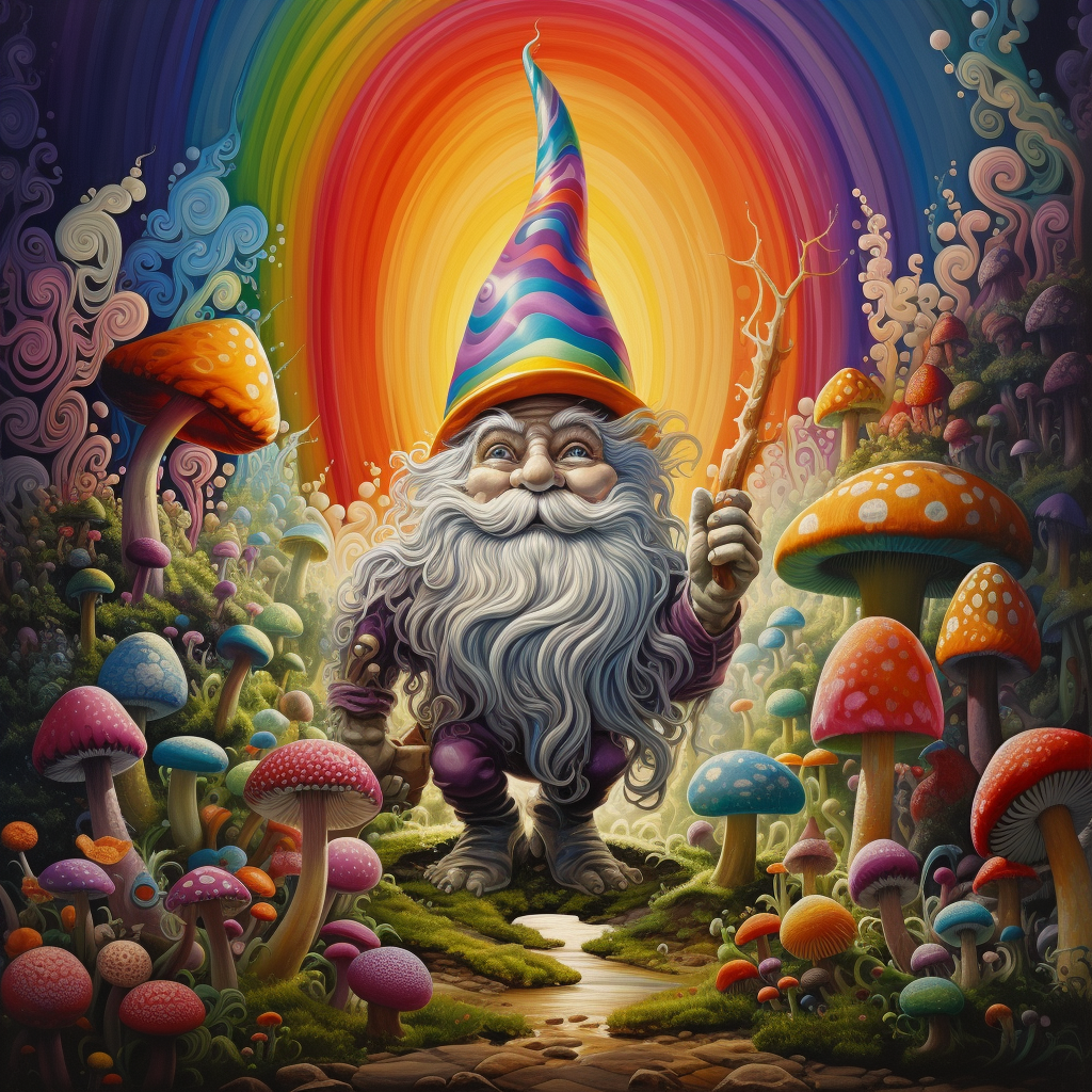 Colorful gnome in psychodelic pattern