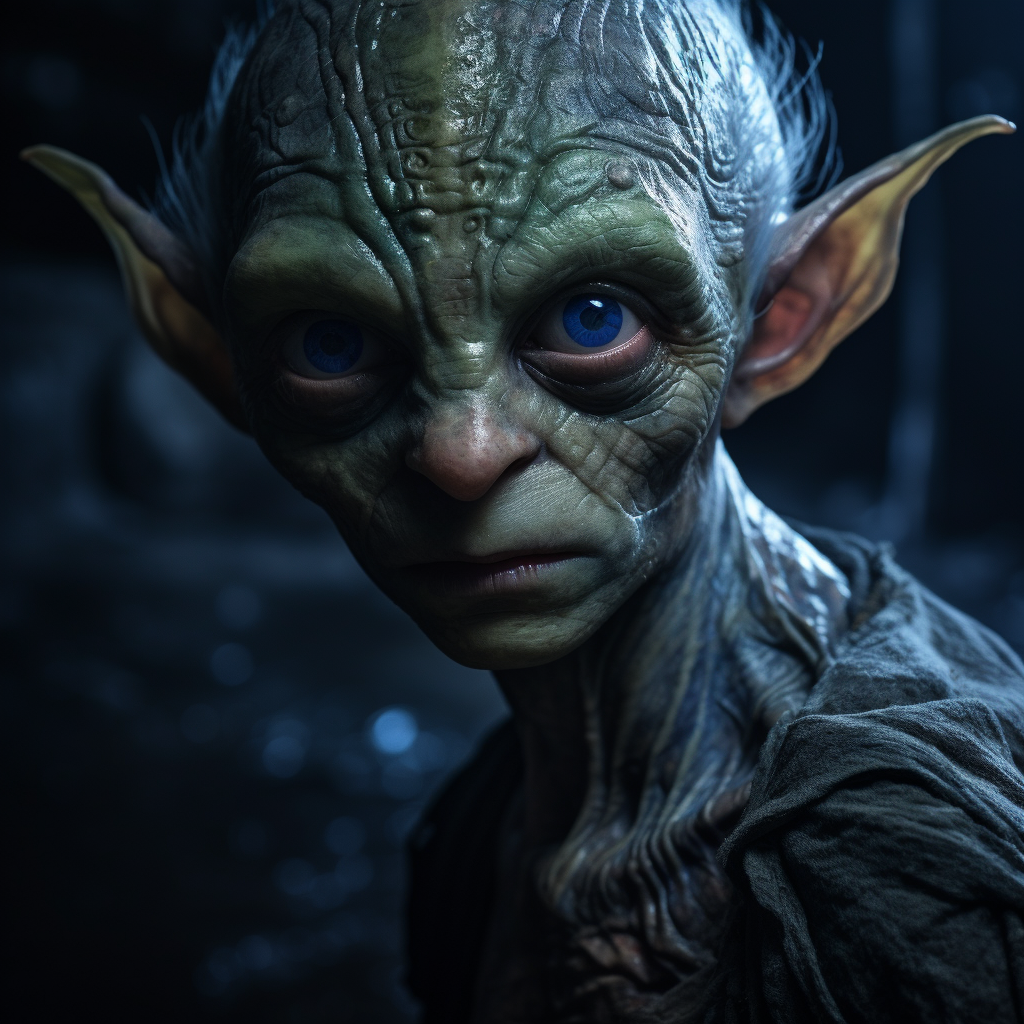 Young goblin with green eyes and blue skin in labyrinth