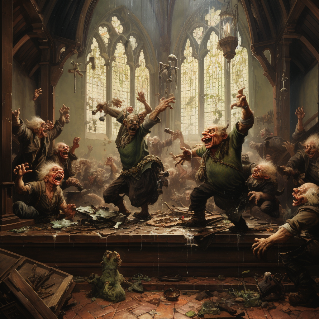 Goblins dancing near a ruined church altar