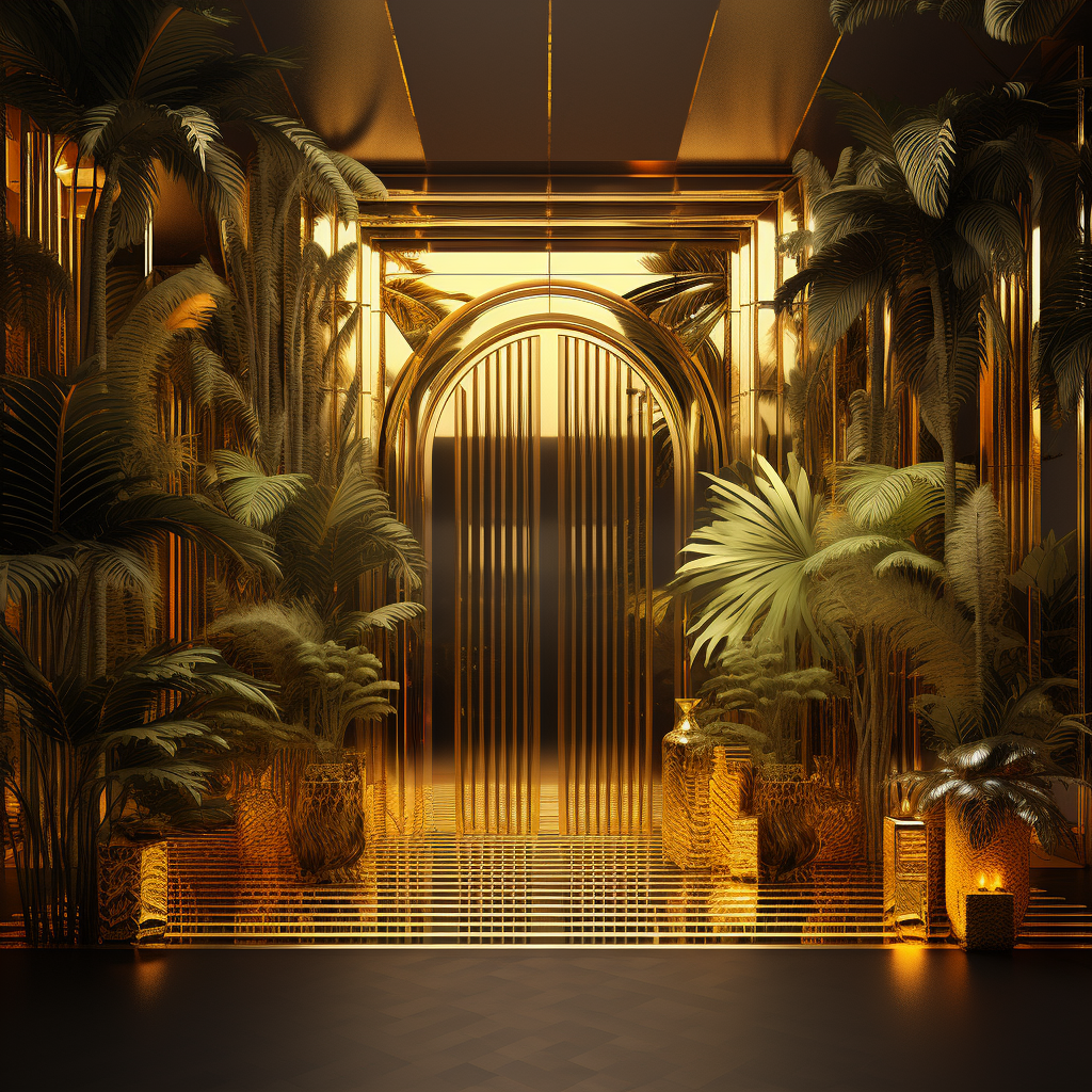 Cinematic gold room with 3D door and grey shaded palm tree leaves