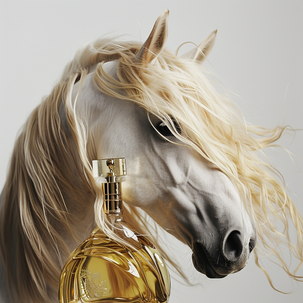 Beautiful golden-haired horse and perfume bottle on white background