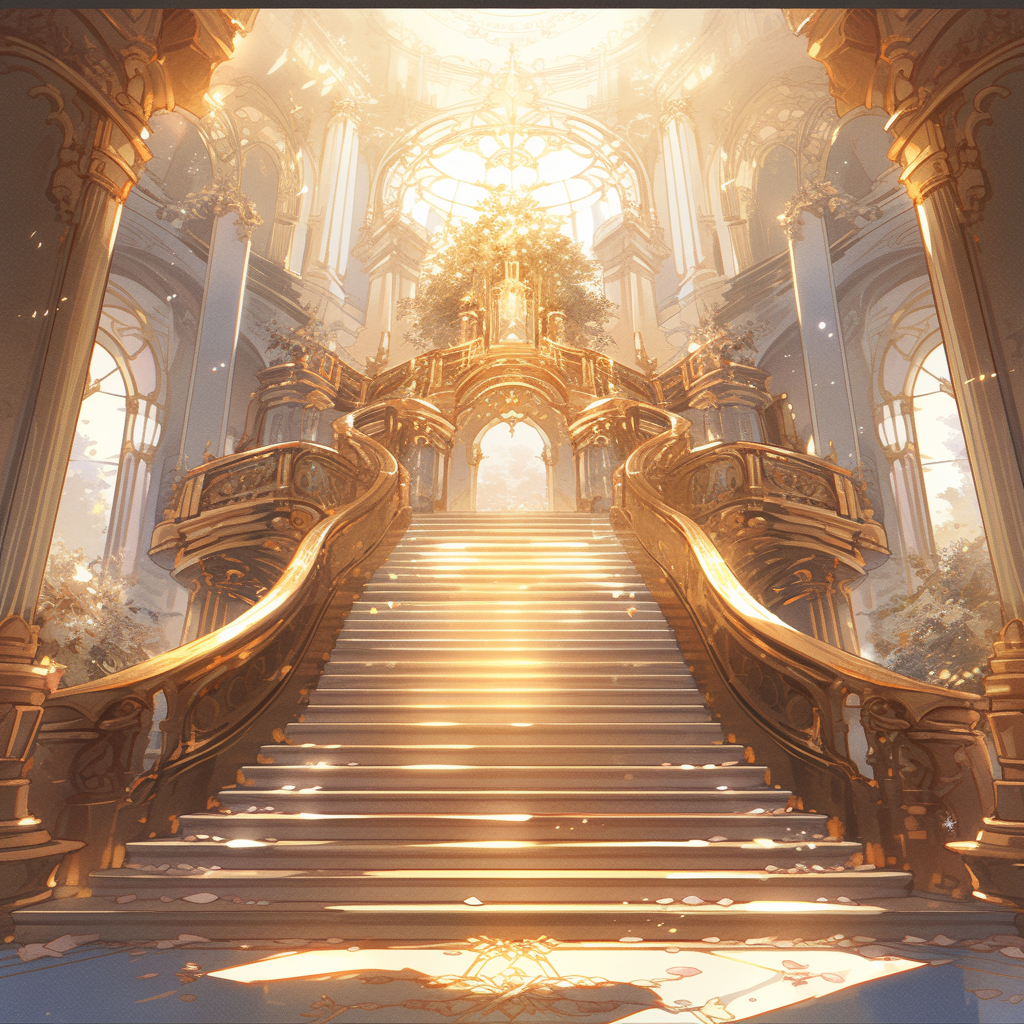 Beautiful golden interior with boxes, stairs, and decorations