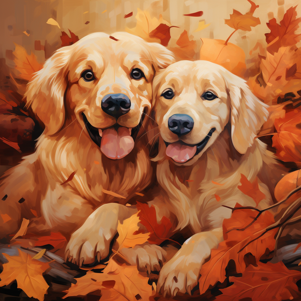 Beautiful golden retrievers in Thanksgiving oil art style