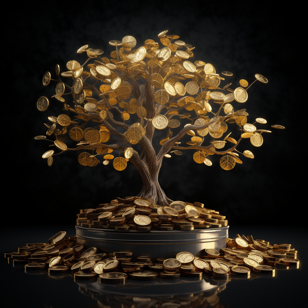 Shiny golden tree with growing coins and gifts