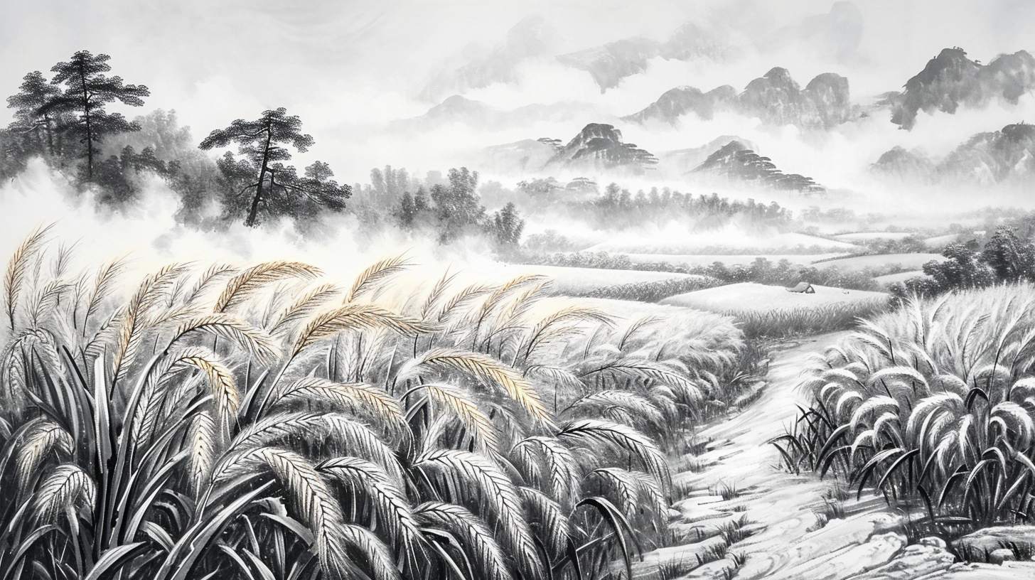 Chinese ink painting of golden wheat fields