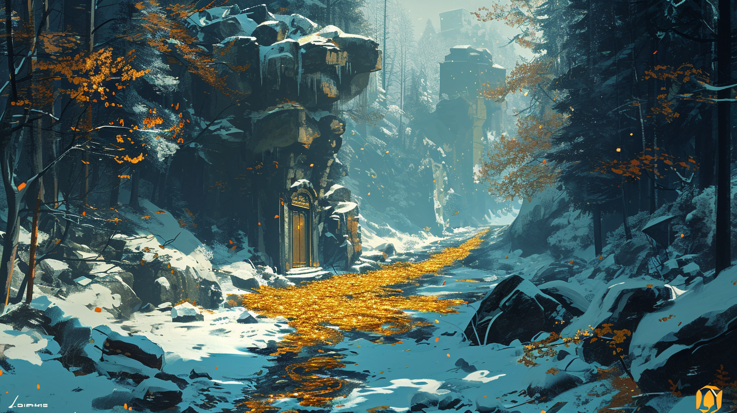 Game concept art of a snow-covered forest