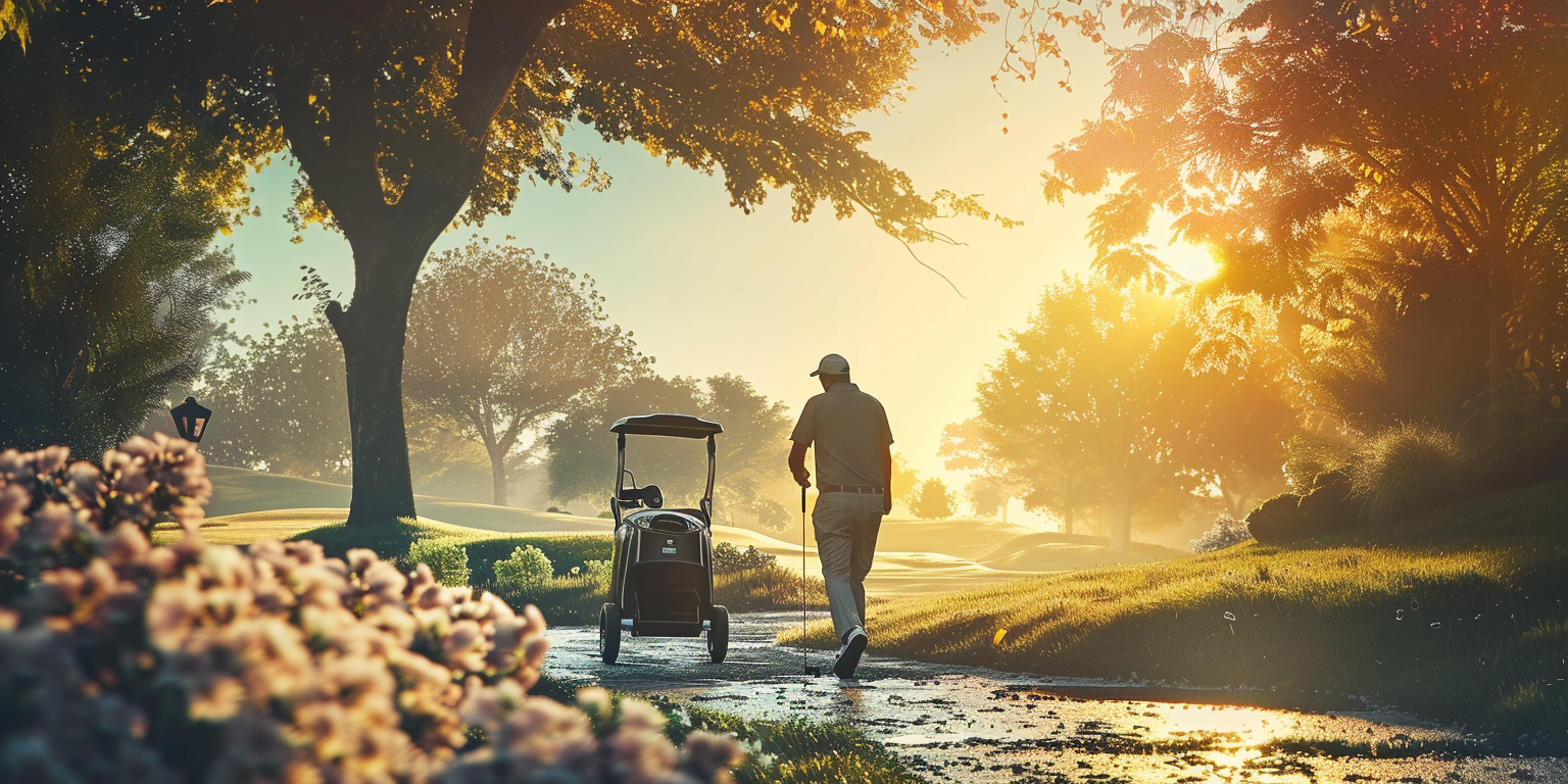 Golfer walking with bag cart