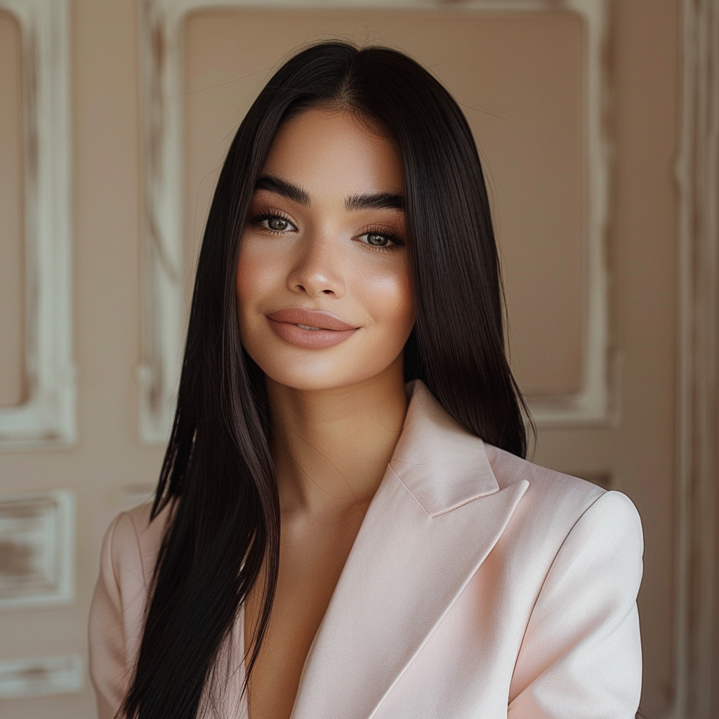 Smiling white model in pink blazer