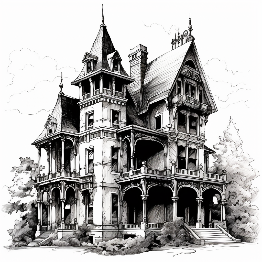 Gothic house ink drawing on white background