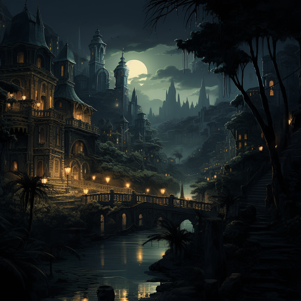 Gothic tropical night city scene