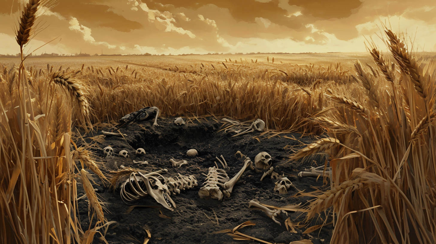 Gothic wheat field with dead patch and bones