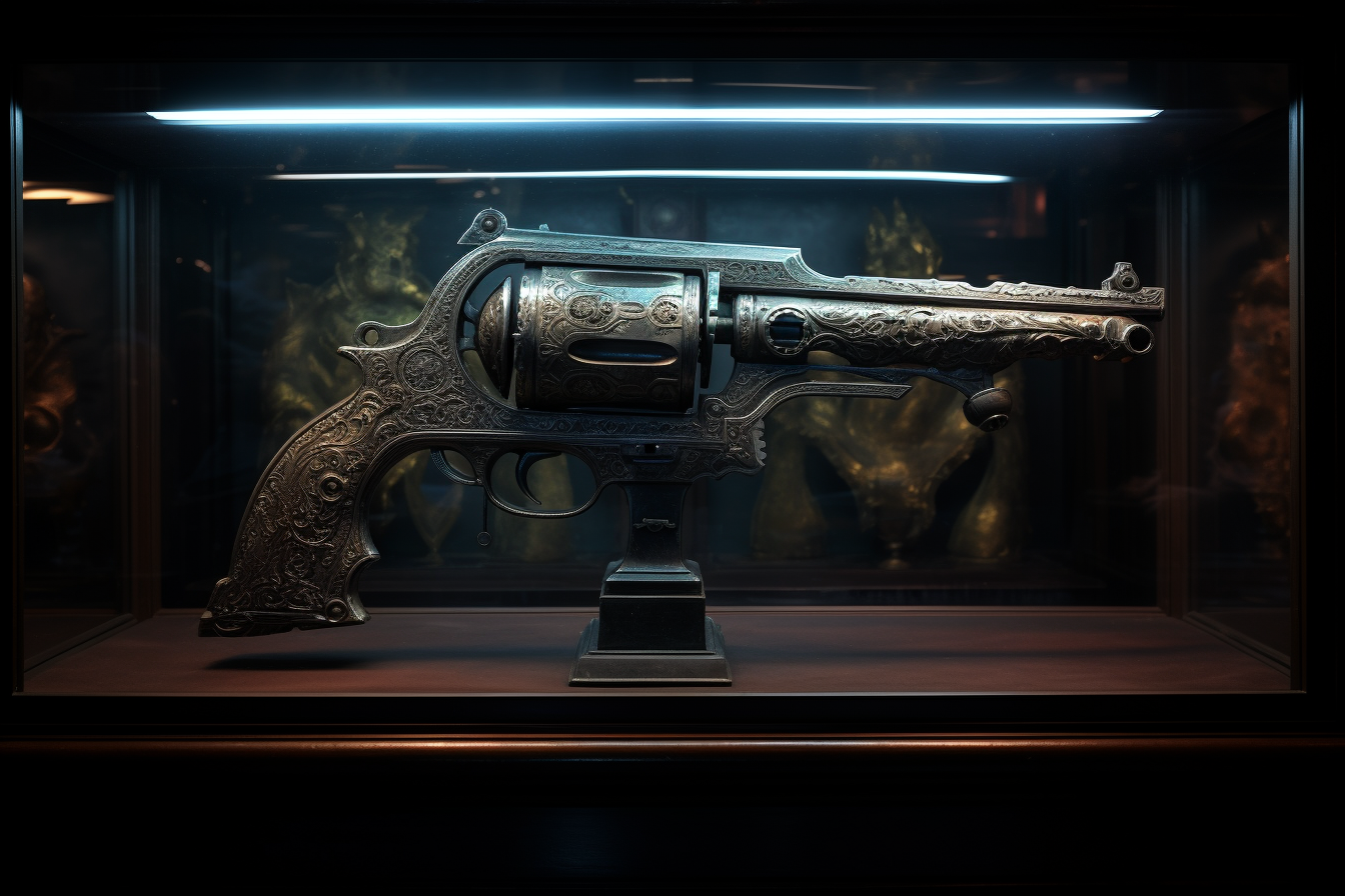 Black demonic revolver gun with glowing sigils in a dark museum