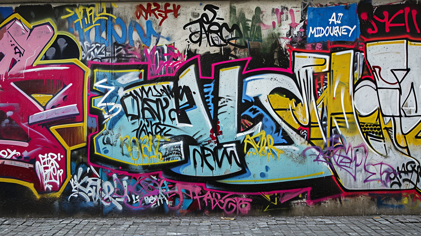 Graffiti wall with tags and MIDJOURNEY logo