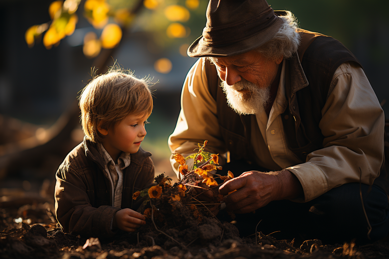 Grandfather and grandchild planting a tree together