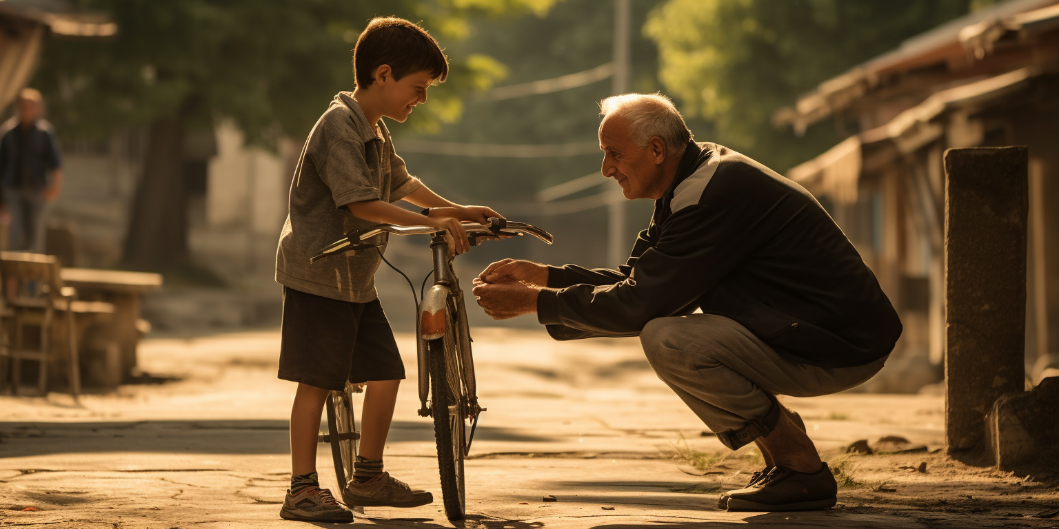 Young boy helping fallen grandpa in Panagyurishte