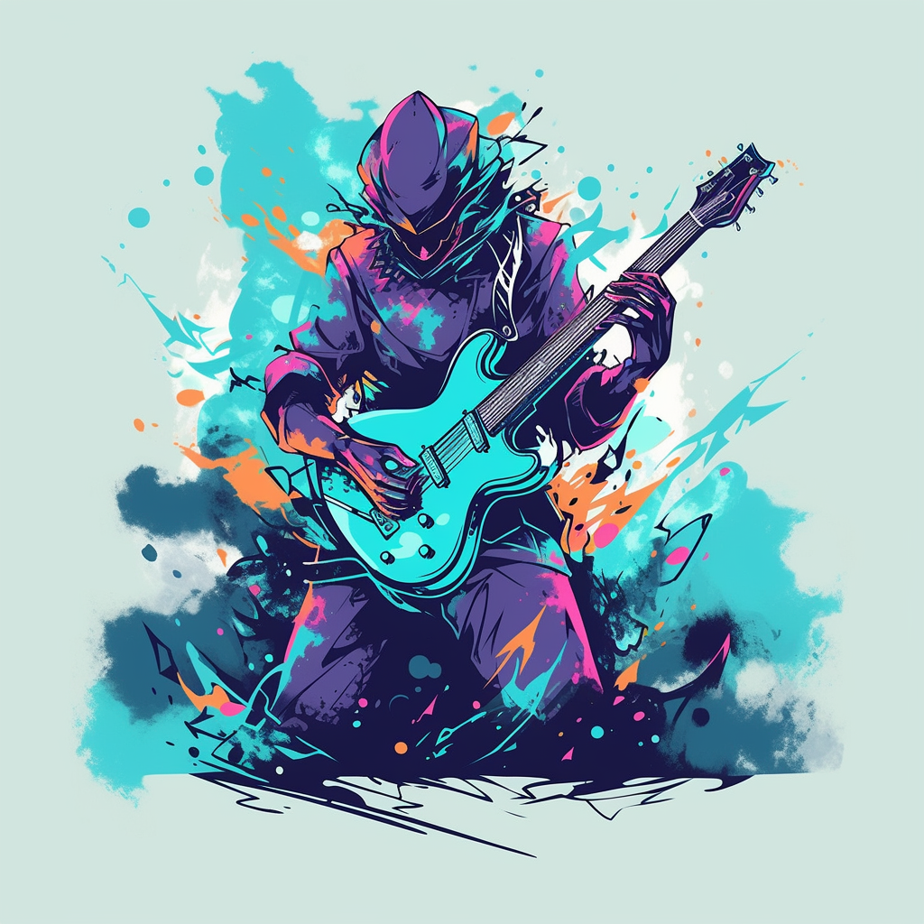 Guitar performer with trendy graphic t-shirt design