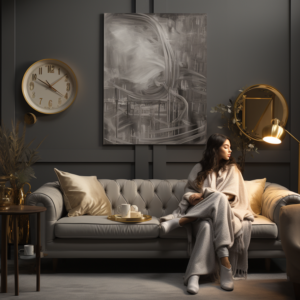 Stylish gray and gold themed living room with person