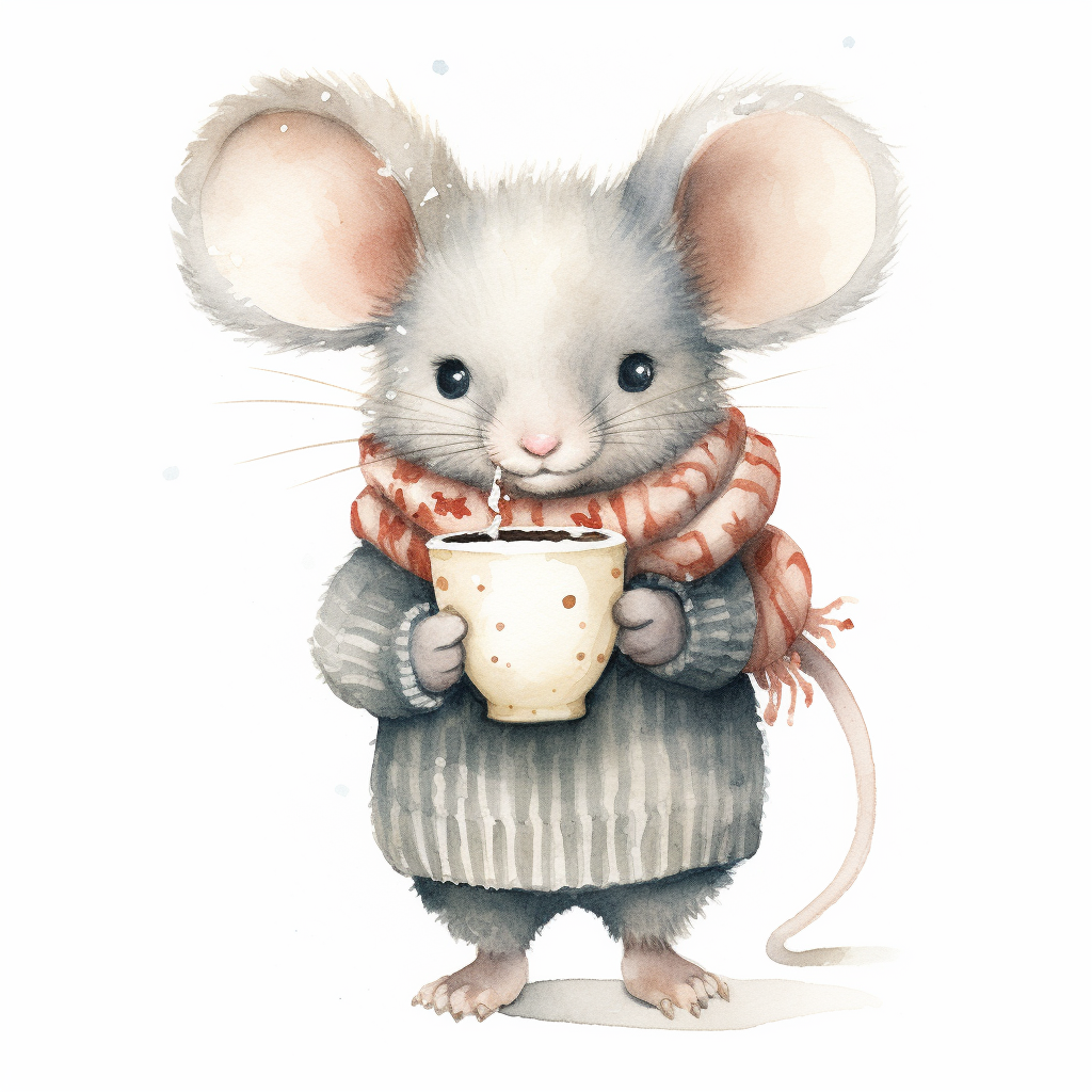 Adorable gray mouse with hot cocoa