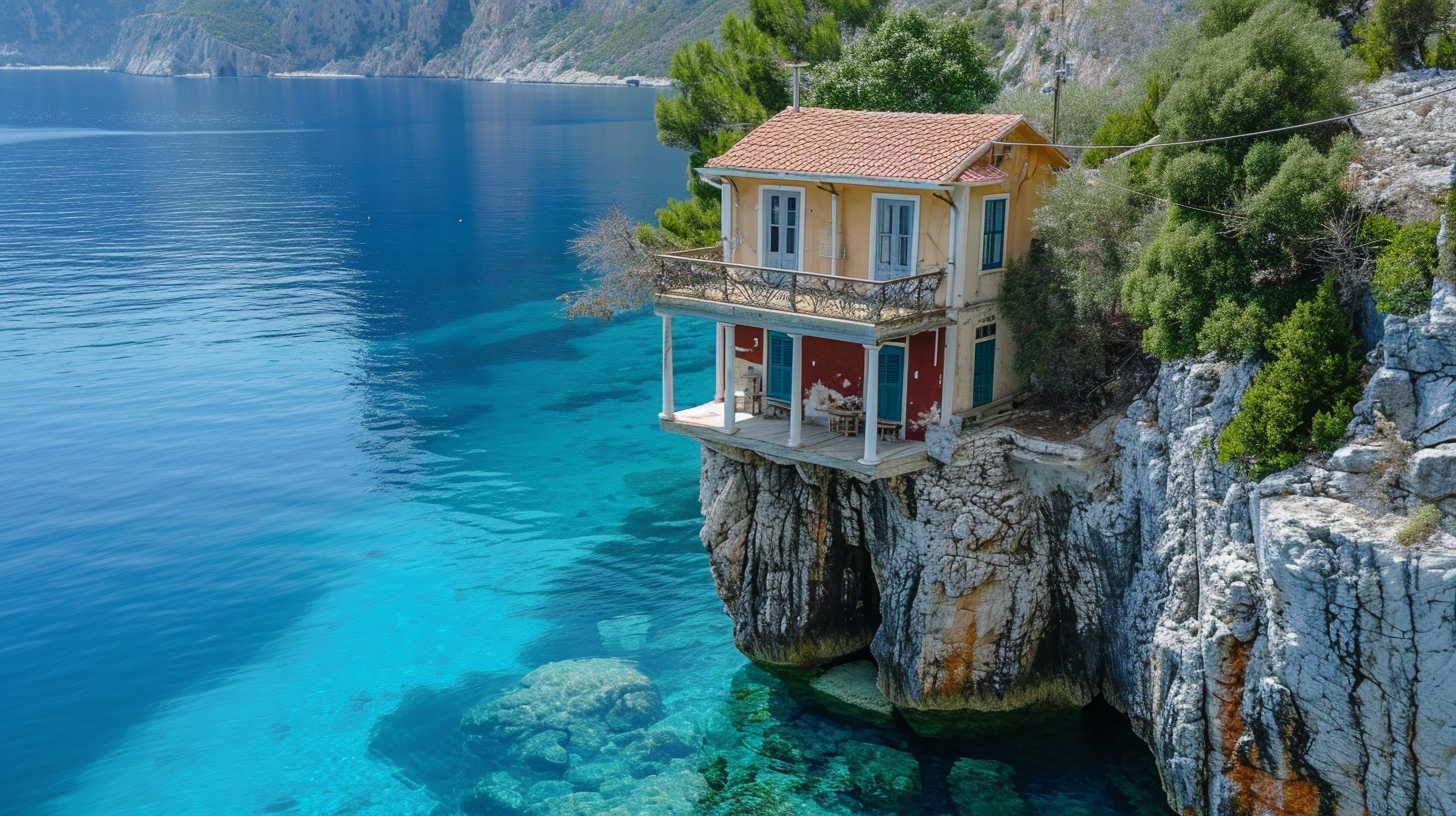 Inverted House on White Pillars in Greece Kefalonia