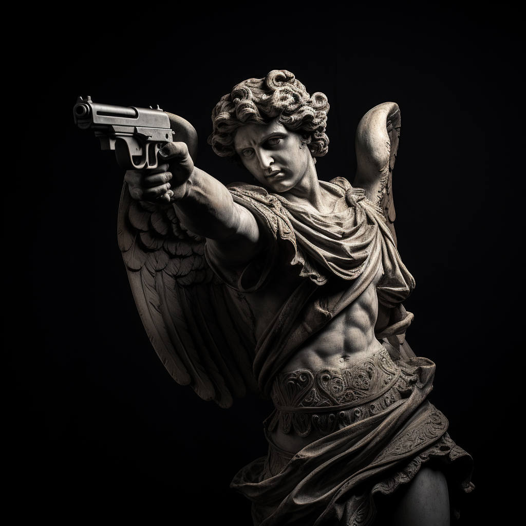 Greek angel statue holding a pistol