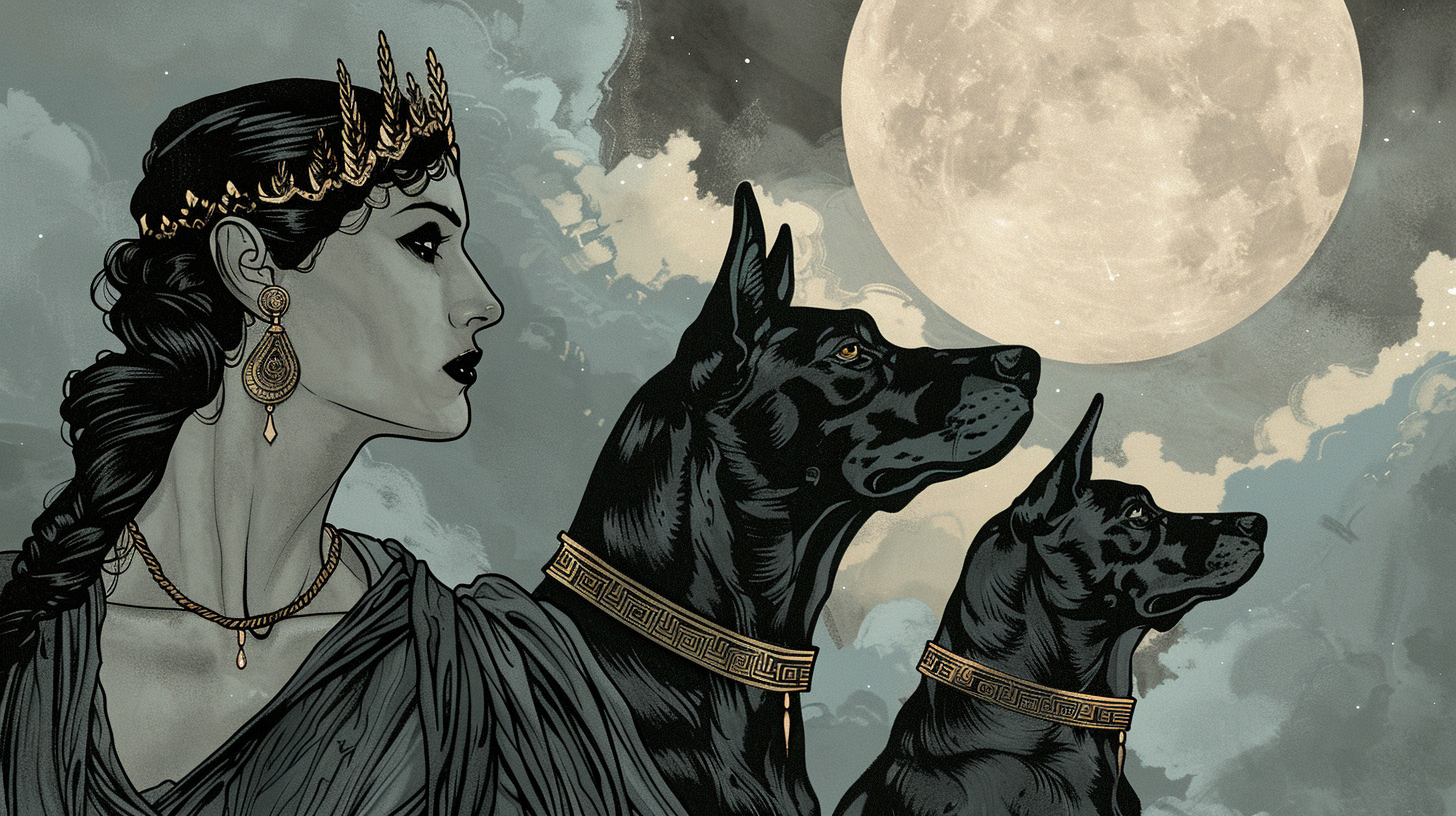 Greek goddess Hekate with two black dogs