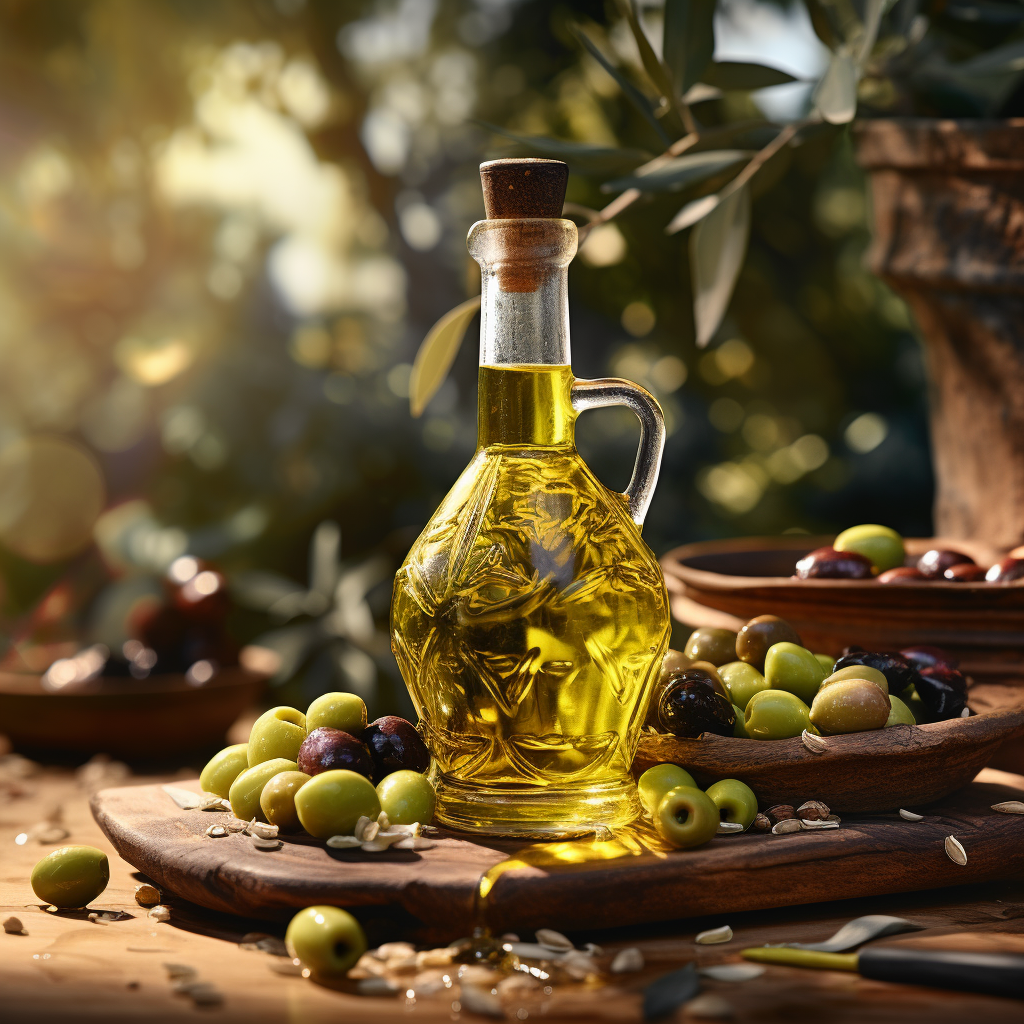 Close-up of Greek Olive Oil and Fresh Olives