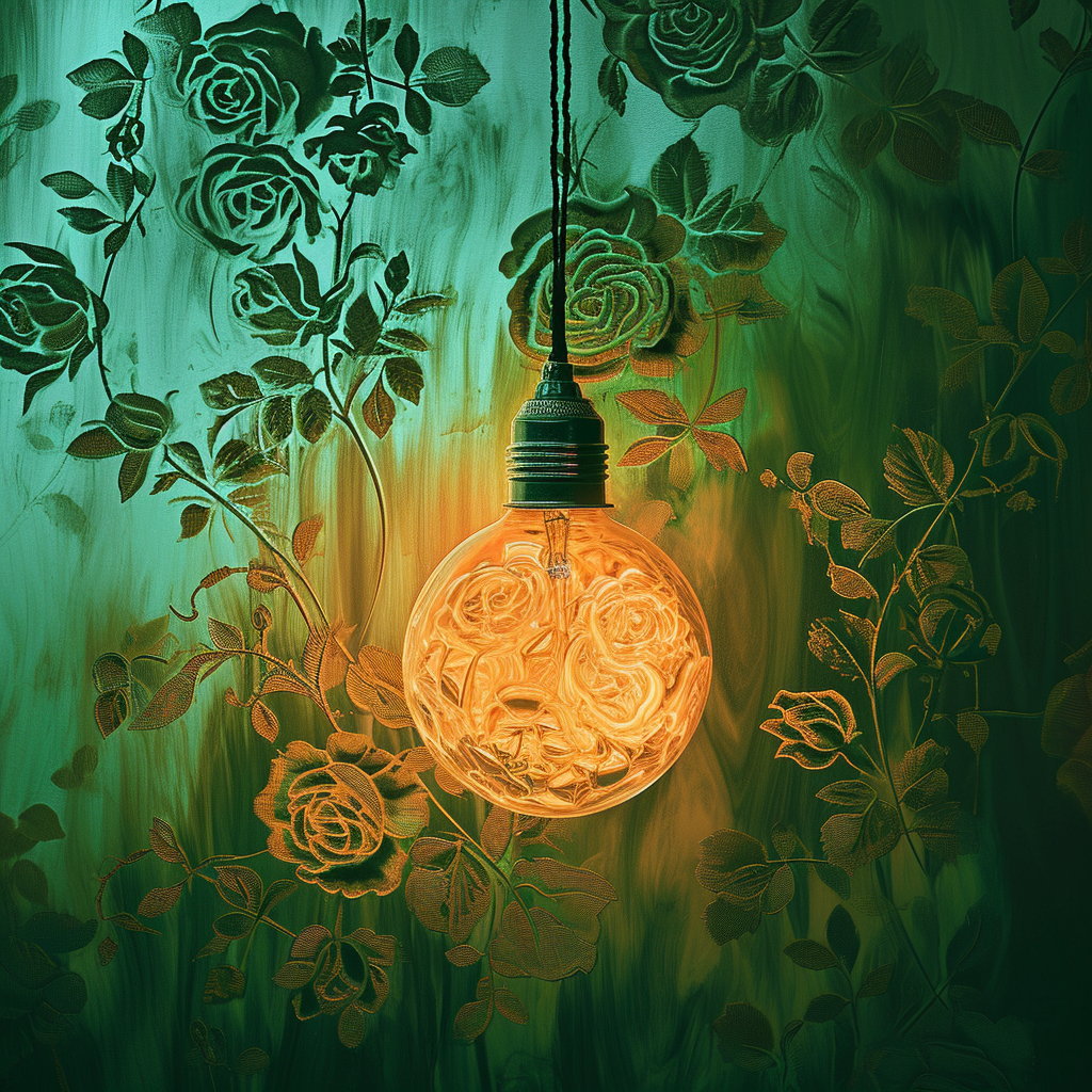 Green background with veiled rose and light bulb