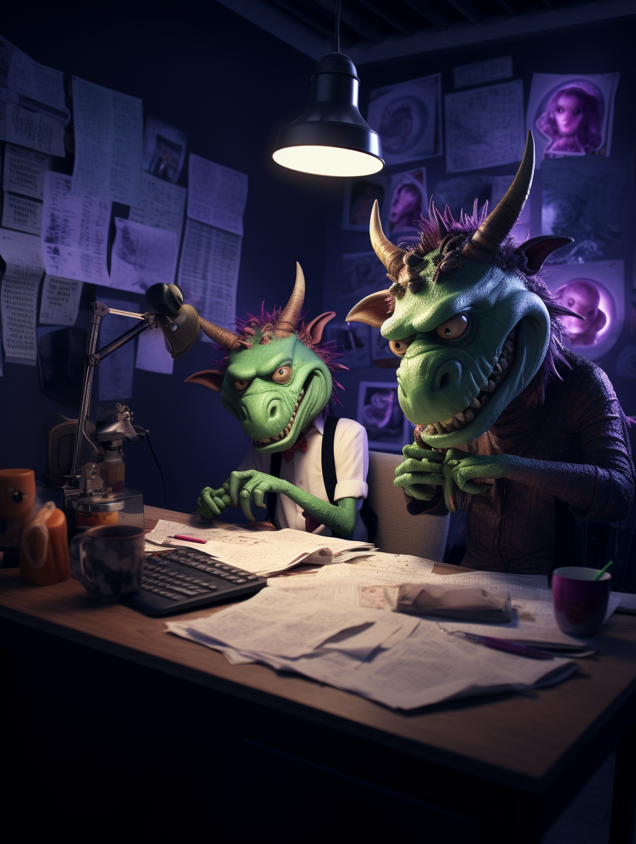 Two purple latex devils observing green bulletin board