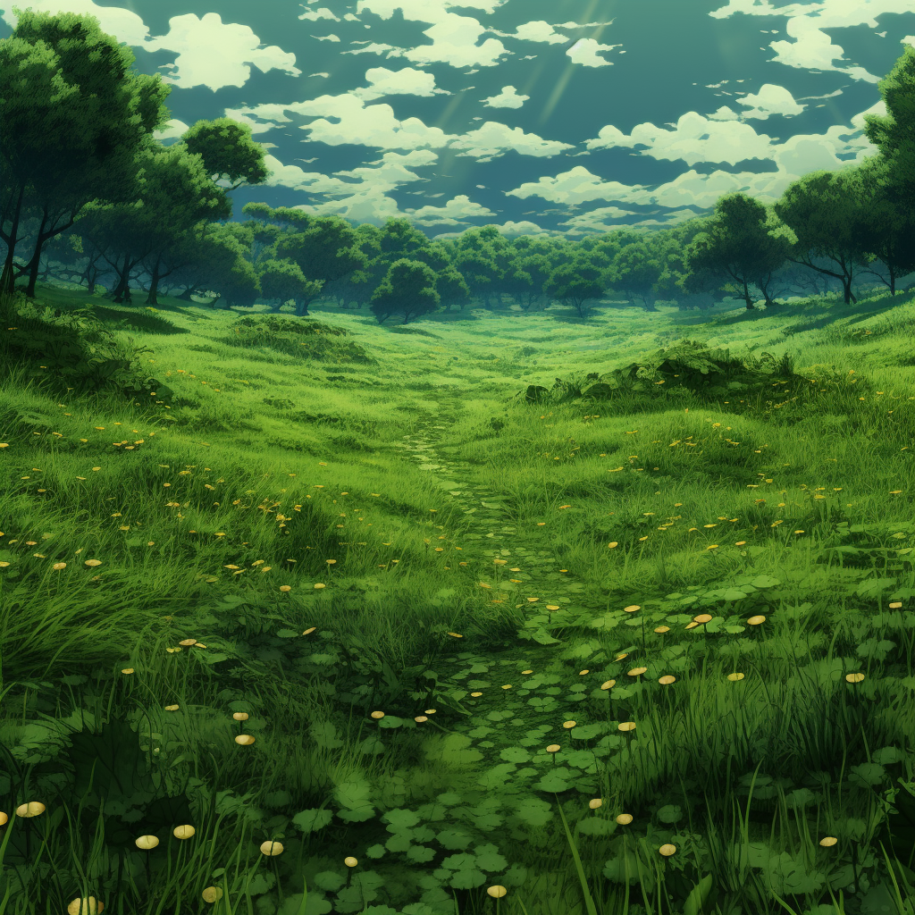 Beautiful anime-style green field with abundant vegetation