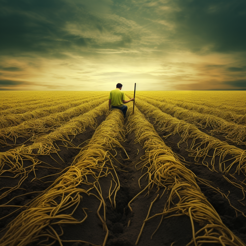 Farmer Collecting Uncooked Spaghetti Sticks from Green Field