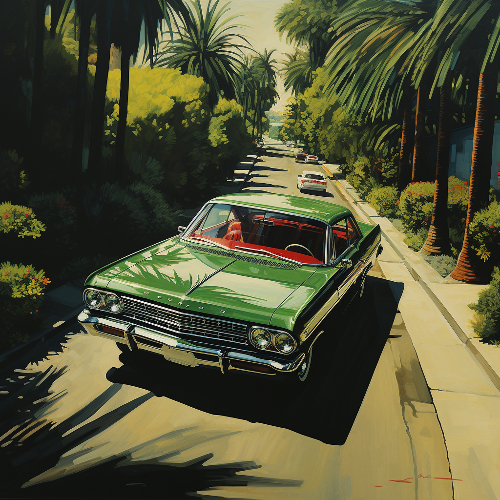 Aerial view of green Impala driving on palm tree lined street