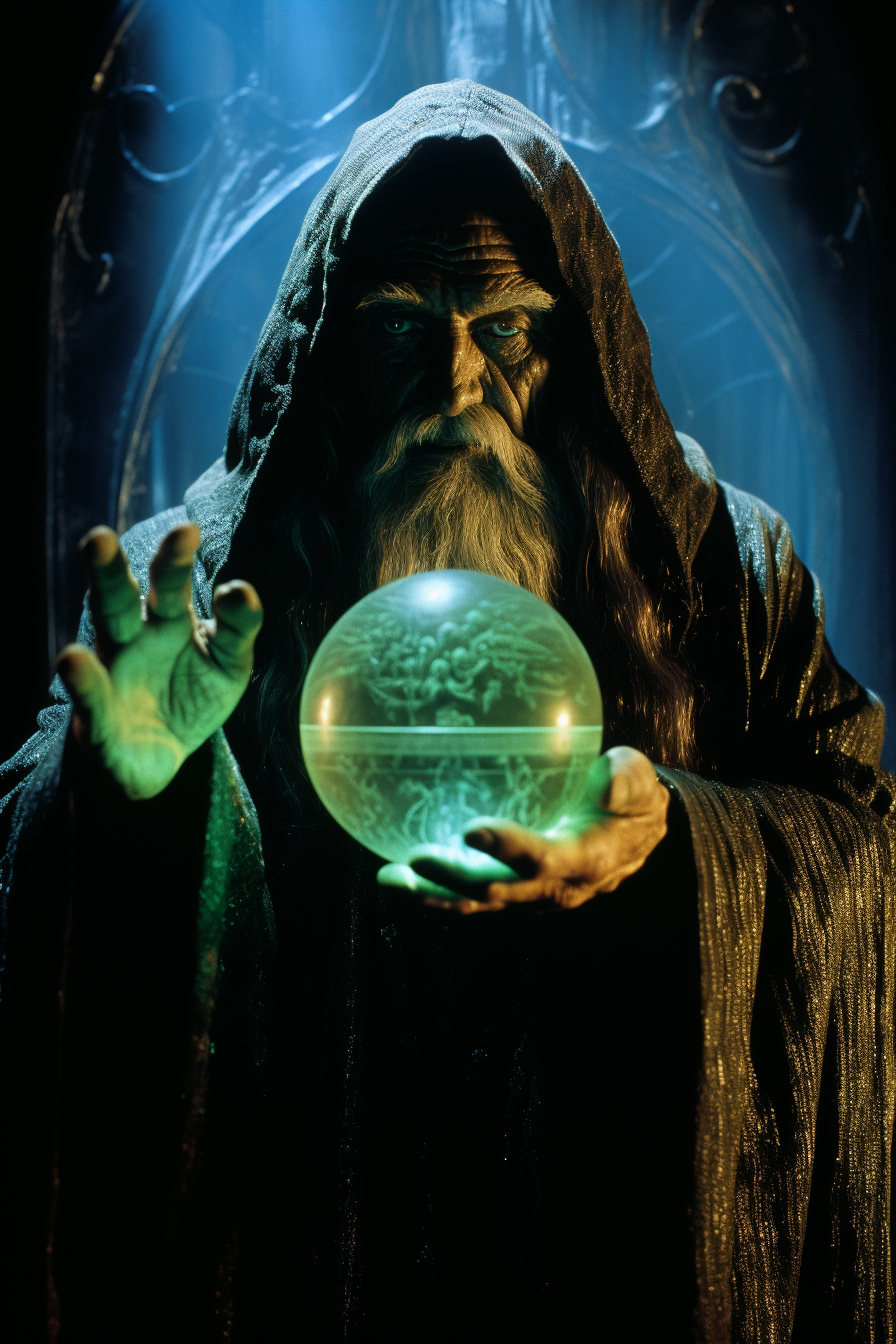 Man in green robe with crystal ball