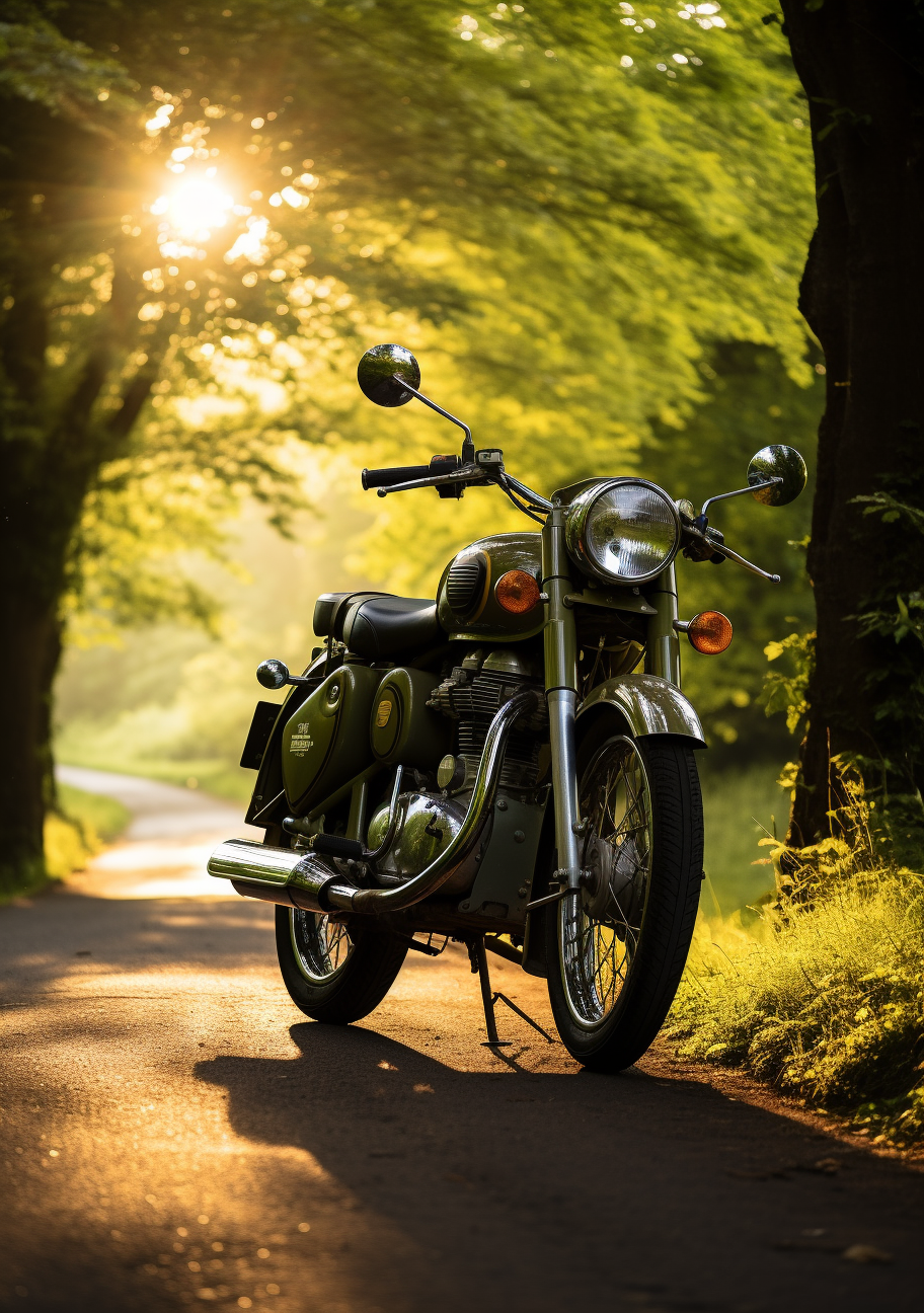 Green Enfield Bullet on Winding Road