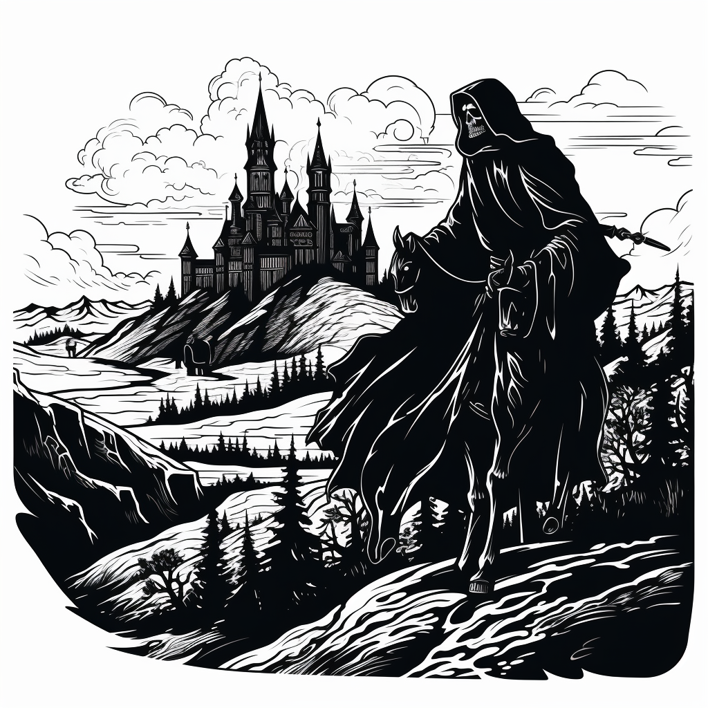 Black and white line art of Grim Reaper castle