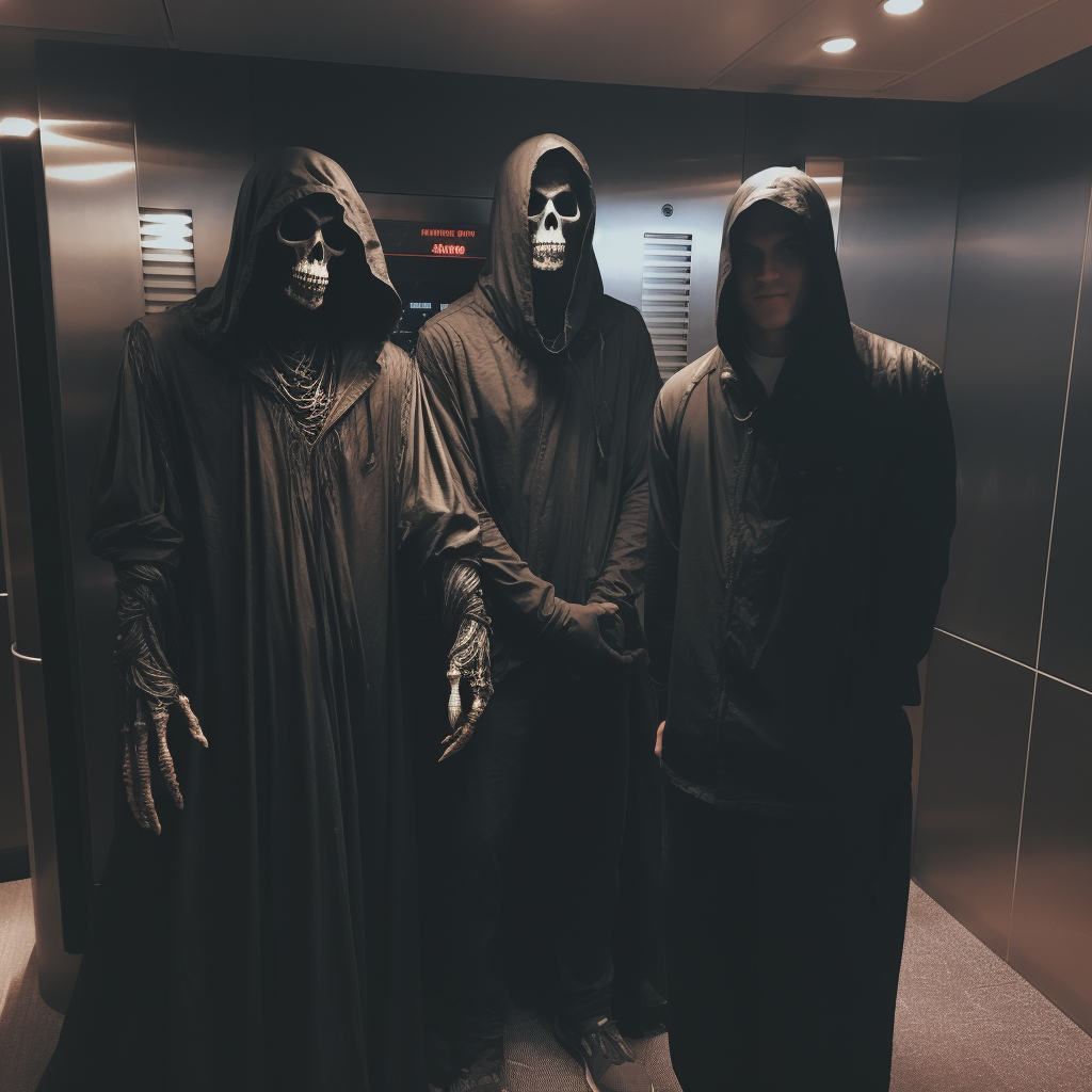 Grim Reaper with Men in Elevator