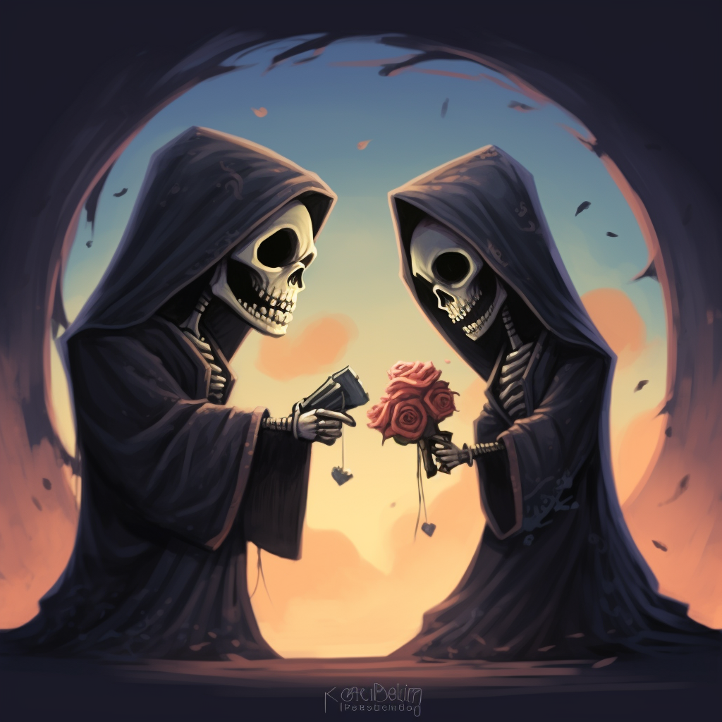 Cartoon illustration of a wedding proposal between grim reapers