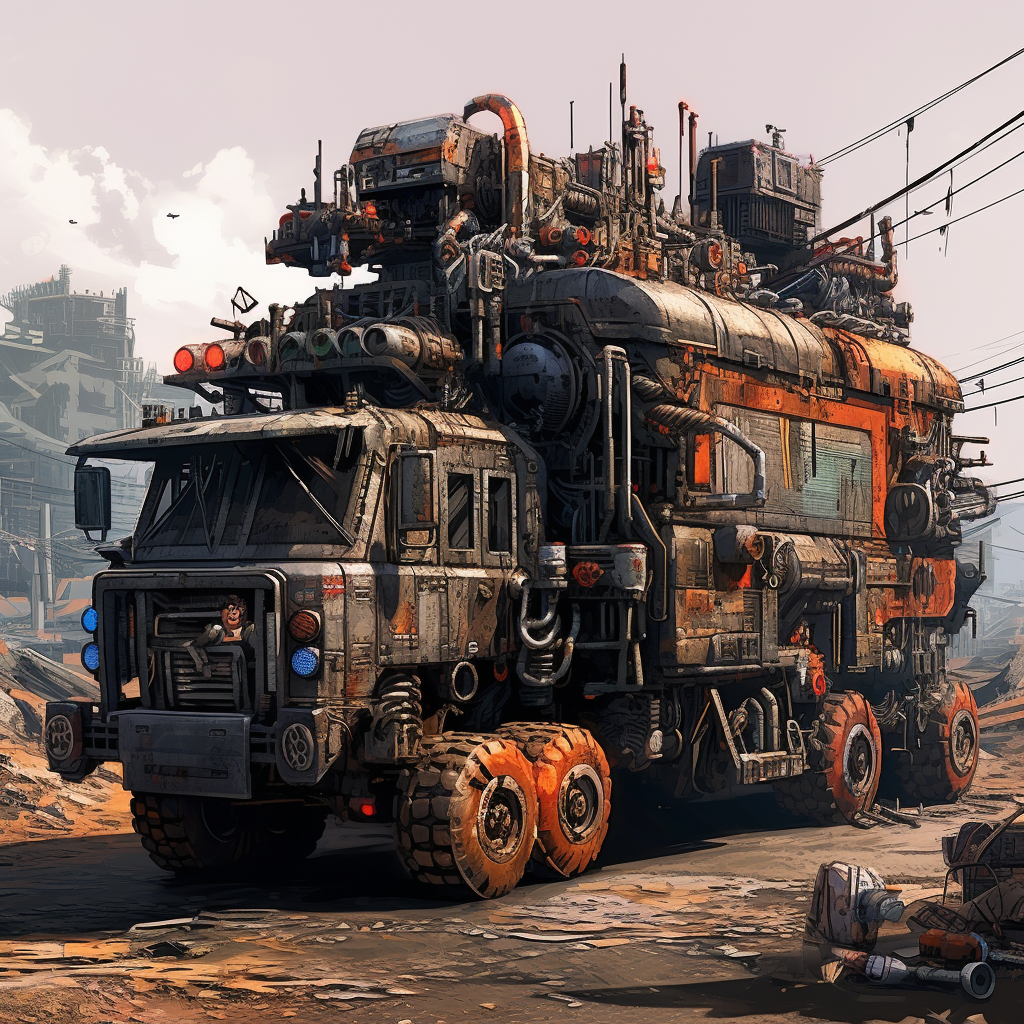 Crowded futuristic mobile truck fort in wasteland