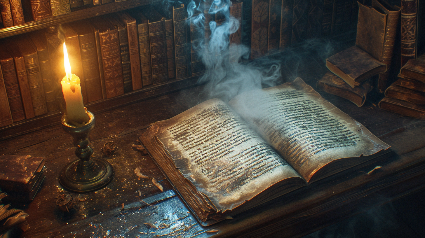 Old grimoire, dusty books, burning candle, dragon fight