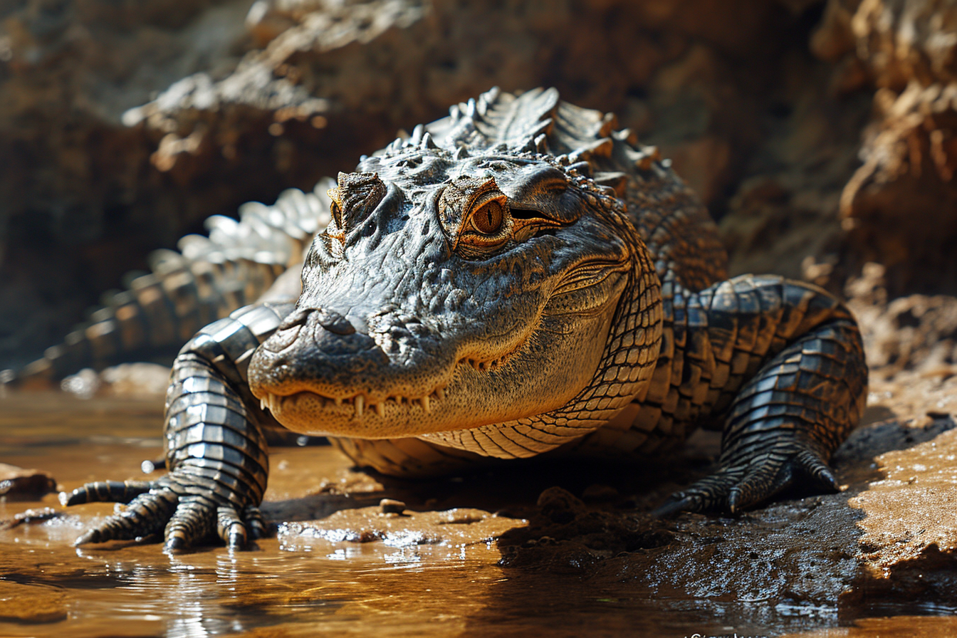 Furry Grizzlygator blending in nature.