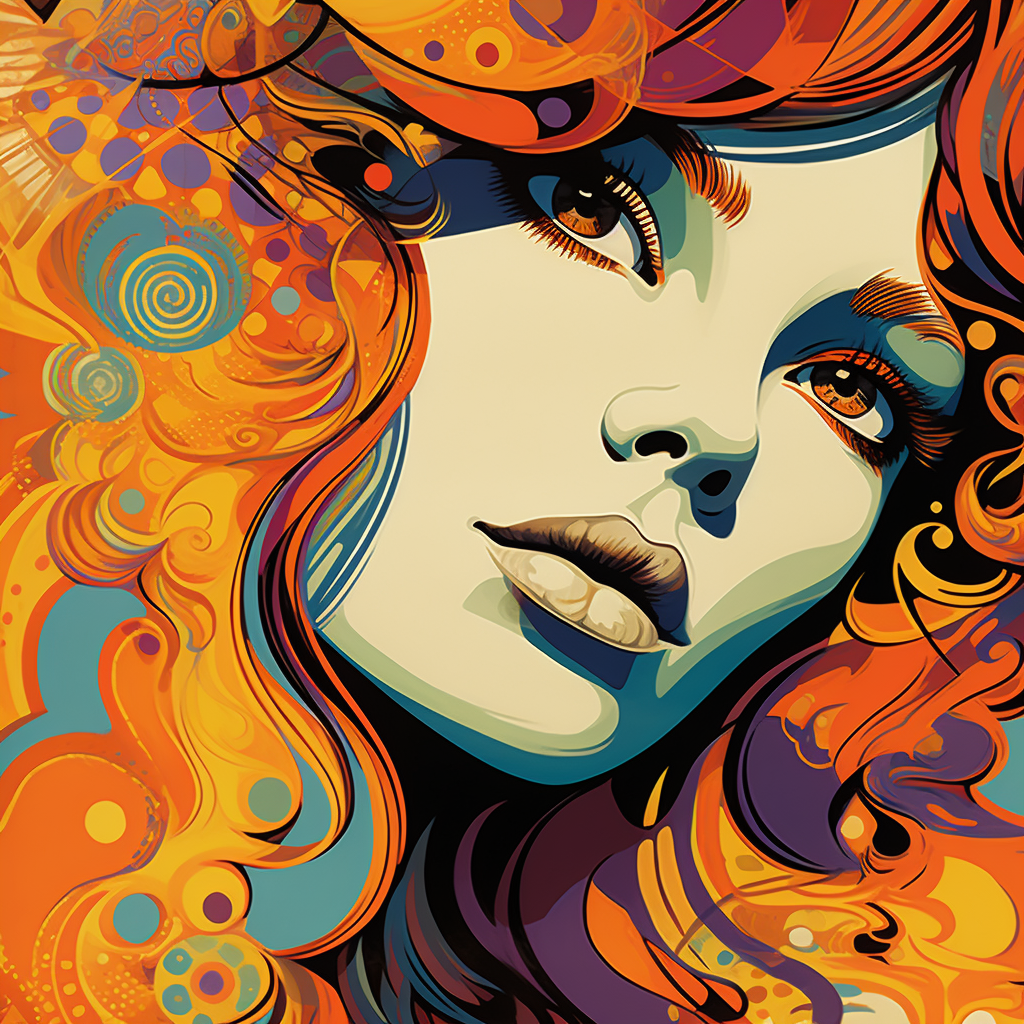 Close up face on groovy 70's concert poster