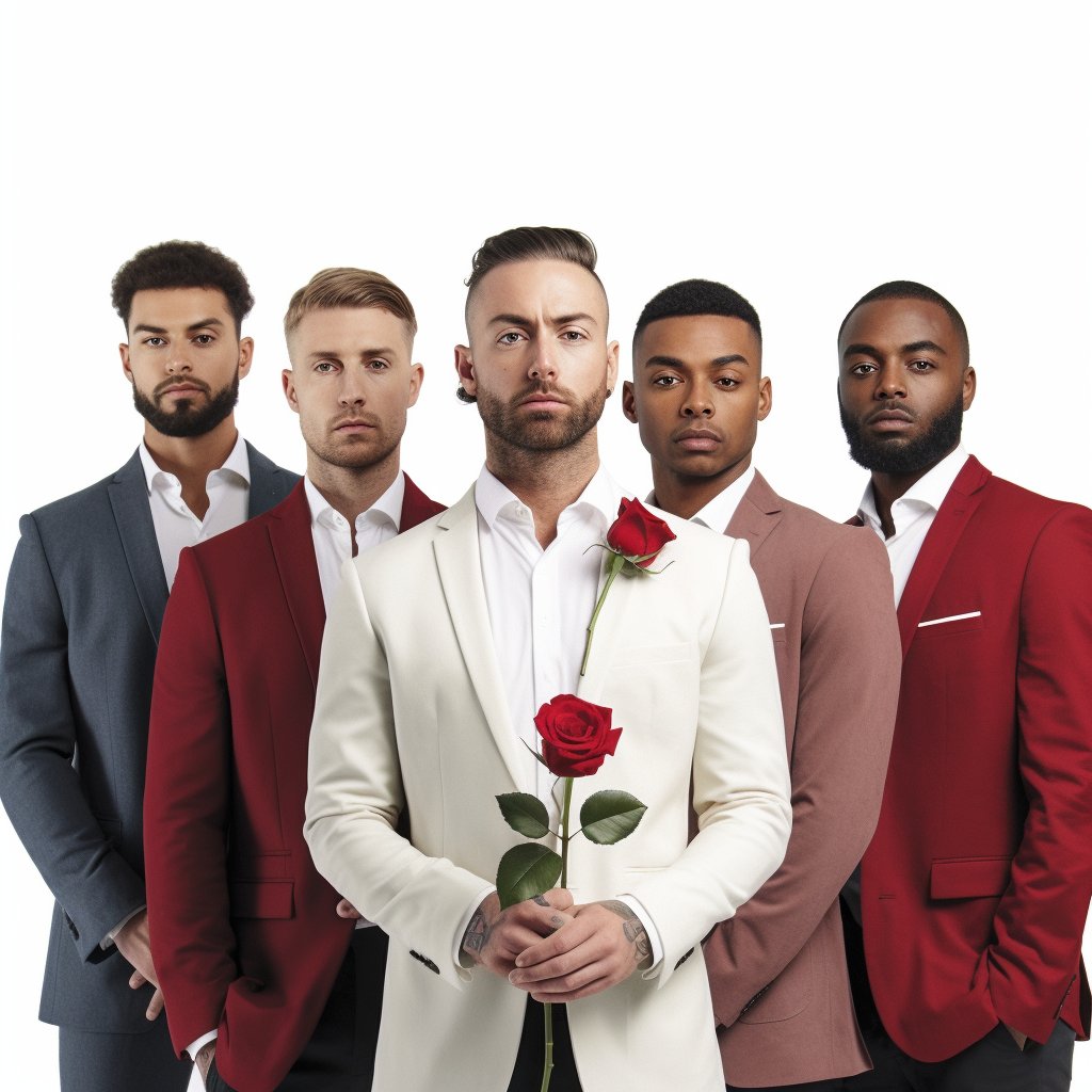 Group of 5 men posing with red roses