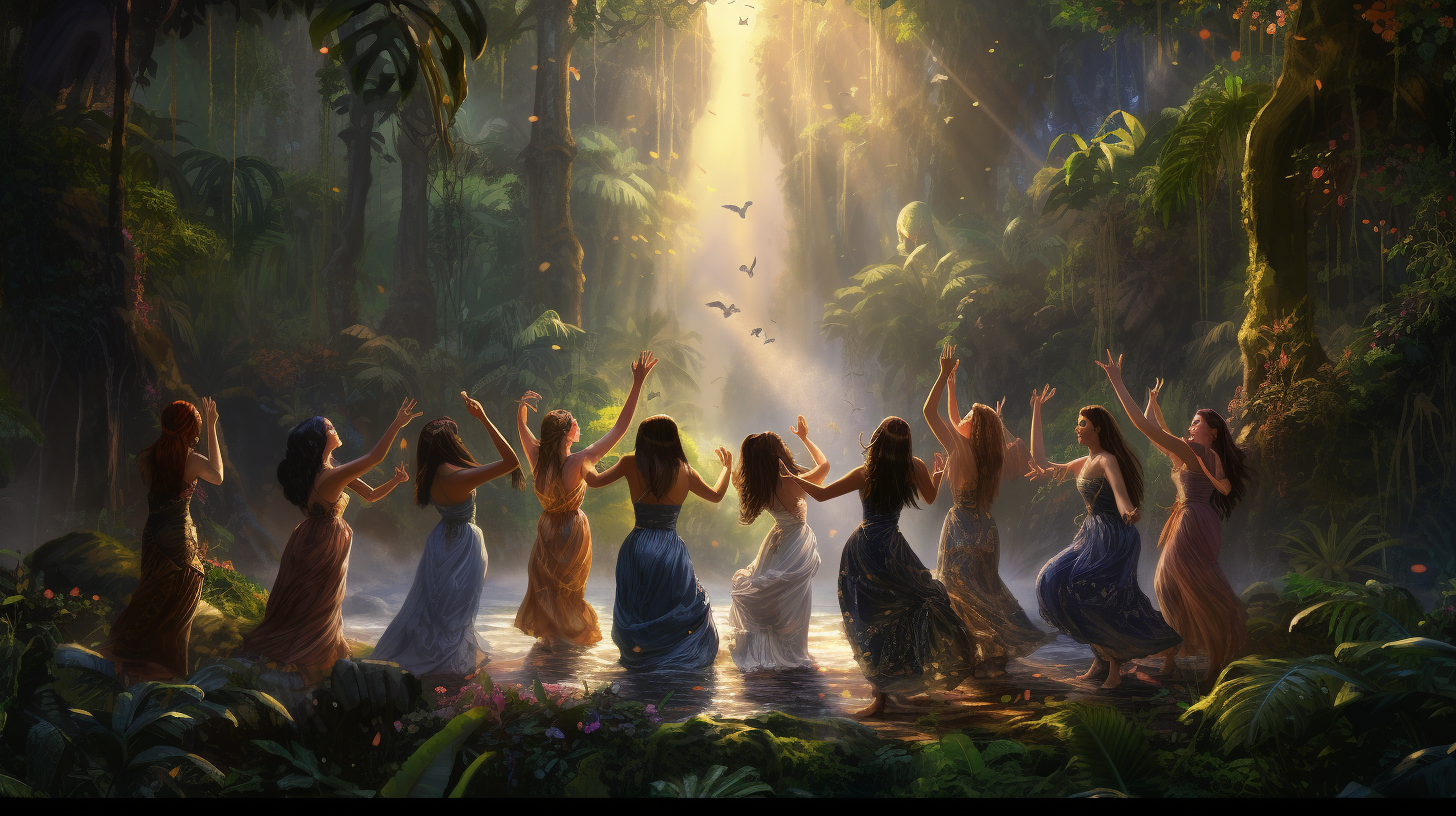 Friends dancing in jungle scenery