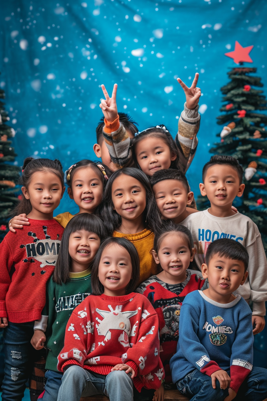 First-grade Filipino friends group photo with peace sign and  HOMIES  sweater