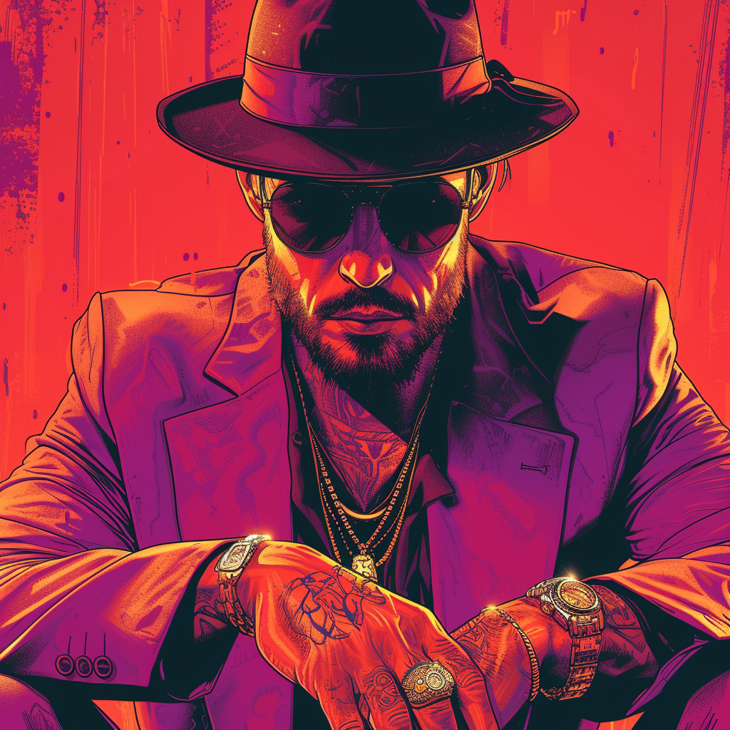 Comic-style GTA cover featuring mafia boss with hat, suit, and rings