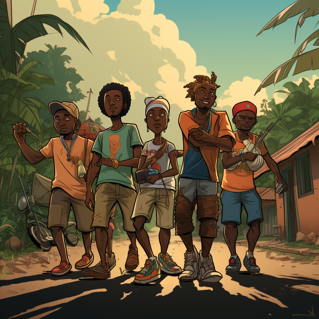 Cartoon of Guinean thugs on a small road