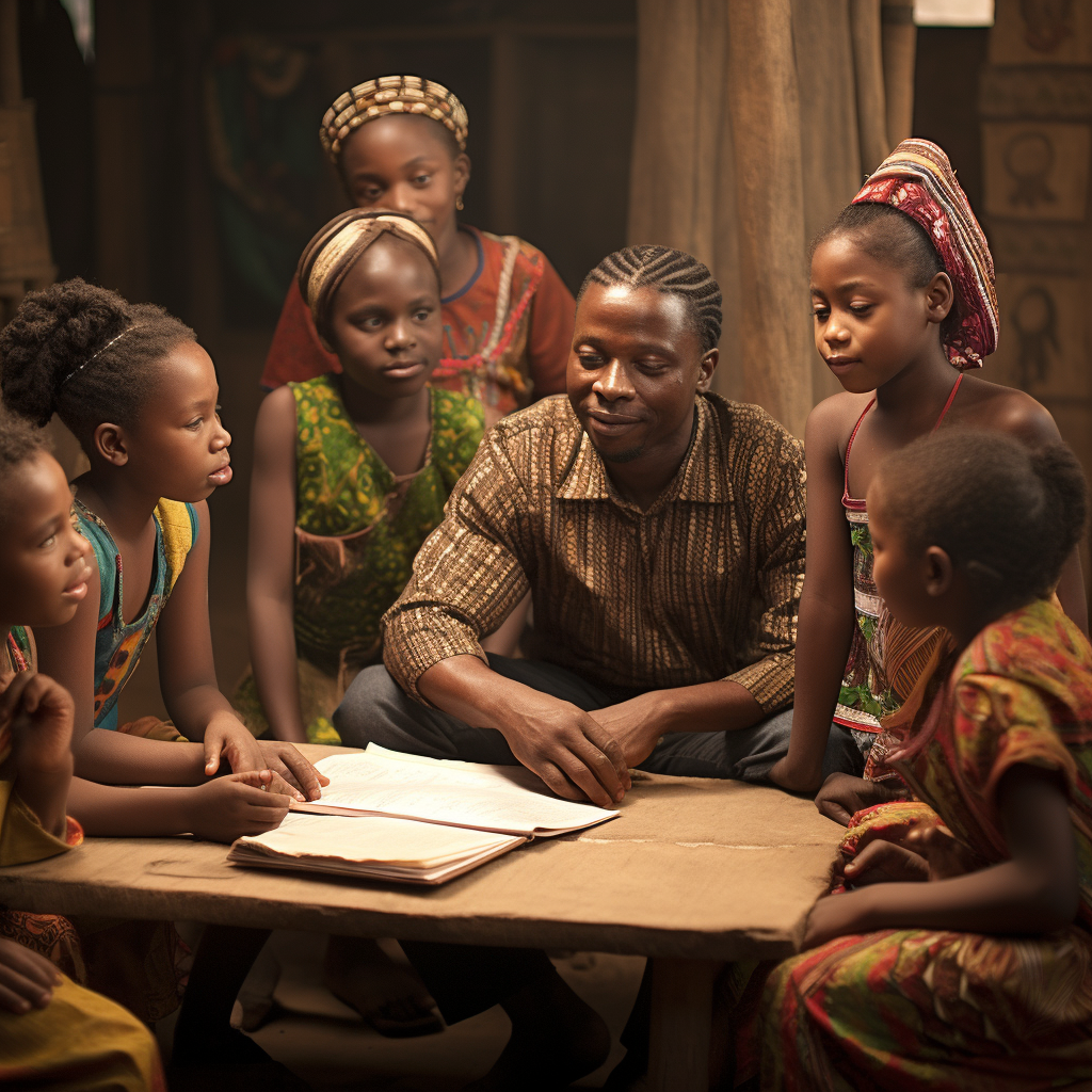 Guinean children discussing topic with teacher