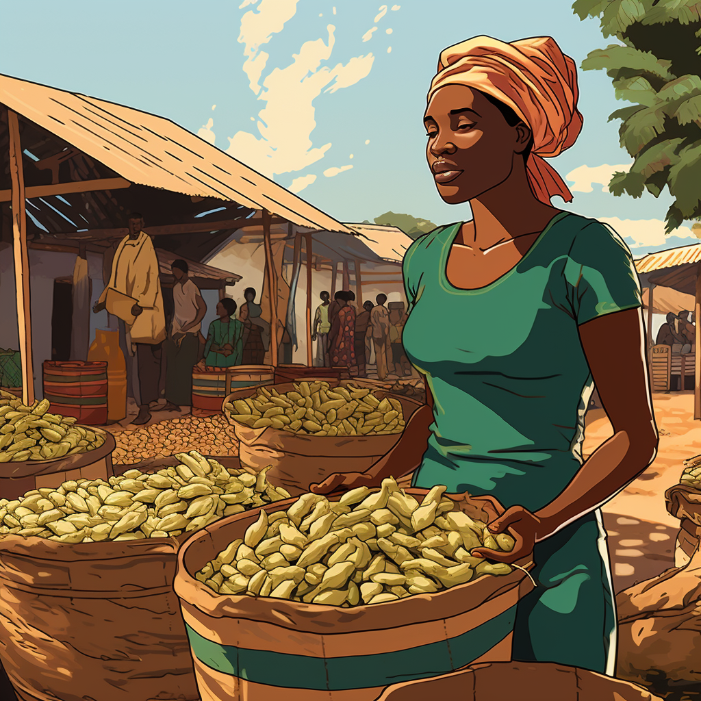 Woman holding peanuts at Guinean market