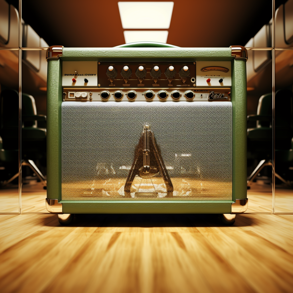 Detailed guitar amp reflection in mirrored room