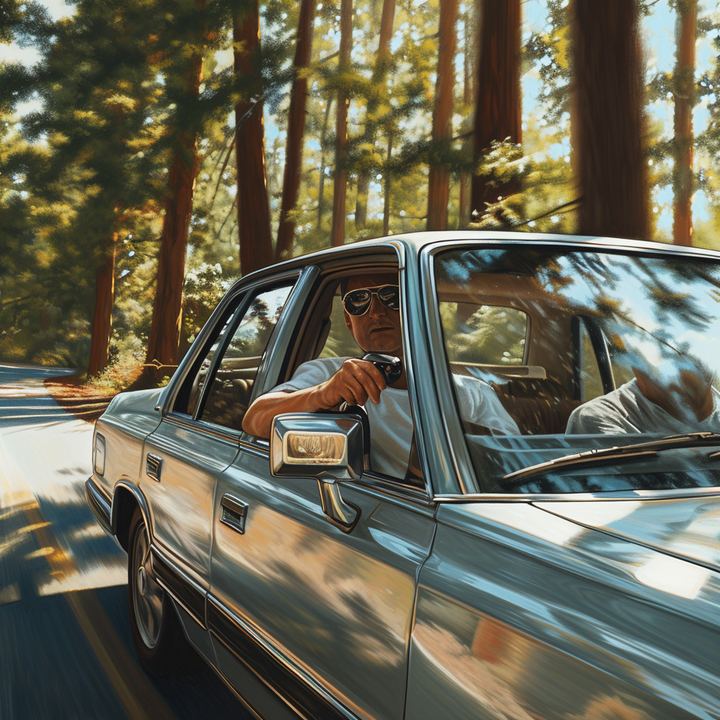 Guy Russo driving a silver sedan in the pines with sunglasses