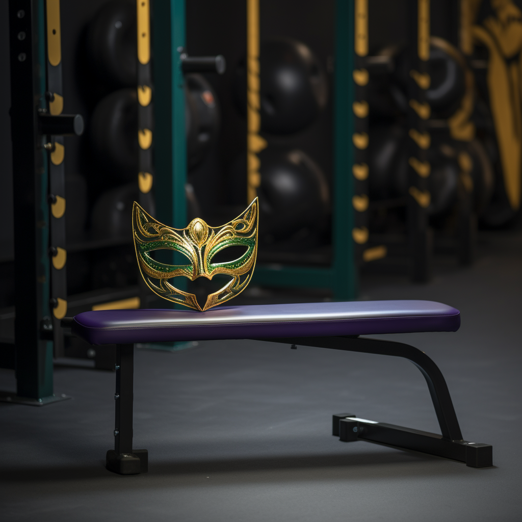 Gym bench with Mardi Gras mask